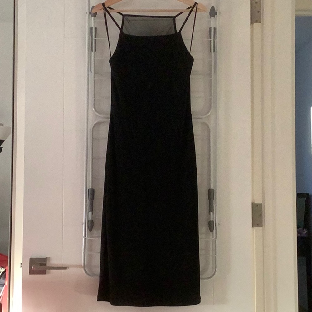 Poleci Black Spaghetti Strap Sheer Back Lined Midi Dress - Size Small